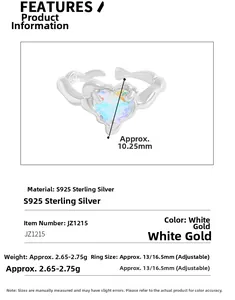 Detail view of S925 sterling silver ring with colorful heart zircon and adjustable band