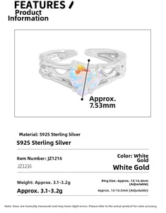 Detail view of S925 sterling silver ring showing iridescent heart stone and size specs