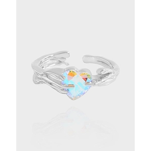 925 Sterling Silver Heart Zirconia Adjustable Ring For Women Iridescent Aurora Stone Fold Texture Niche Design Finger Ring Gift