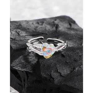 Handcrafted S925 sterling silver ring with textured branch band and iridescent heart zircon