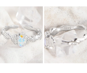 Macro view of S925 sterling silver stamp and lava texture on colorful zircon ring