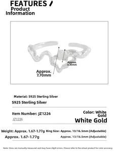 Detailed specs of wave-shaped S925 sterling silver ring with white round gemstone