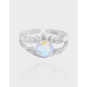 S925 Sterling Silver Minimalist Colorful Zirconia Open Ring For Women Korean Style Pleated Texture Adjustable Finger Ring Jewelry