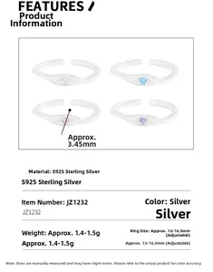 Detailed size chart for S925 silver adjustable rings with colorful zircon stones