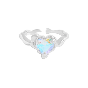 S925 Sterling silver open ring featuring an iridescent heart-shaped zircon gemstone