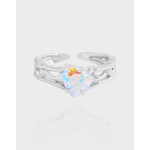 925 Sterling Silver Heart Ring For Women Iridescent Zirconia Wrinkle Texture Adjustable Opening Statement Finger Jewelry Gift