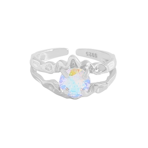 S925 sterling silver adjustable double-layered ring with iridescent round cubic zirconia
