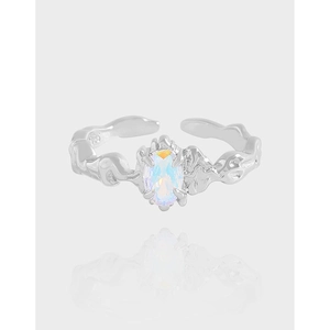 Irregular Lava Texture 925 Sterling Silver Adjustable Open Ring With Oval Colorful Zirconia For Women Fashion Jewelry