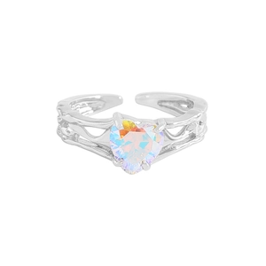 S925 sterling silver heart ring with pleated texture and colorful iridescent zircon stone