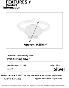 Detailed view of S925 sterling silver shell ring showing 9.15mm width and 16.5mm diameter