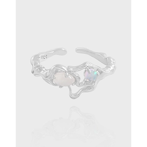 S925 Sterling Silver Irregular Liquid Metal Ring For Women Adjustable Opal Agate Inlaid Artistic Wrinkle Texture Finger Ring