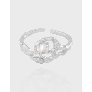 Heart Ring 925 Sterling Silver Irregular Lava Texture Adjustable Open Inlaid Artificial Pearl Niche Design For Women