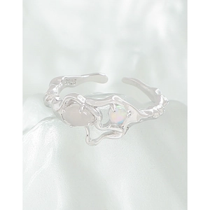 Irregular textured S925 sterling silver open ring with opal and white agate gems