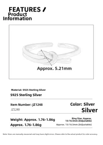 Macro detail of S925 sterling silver knotted ring showing dimensions and material specs