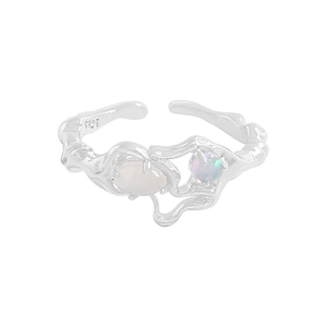 Irregular S925 silver ring with white agate and opal stone in minimalist design