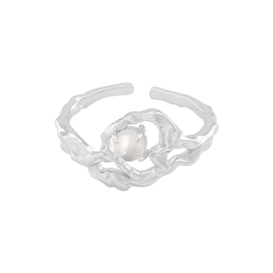 Irregular lava texture S925 sterling silver open ring with a white round pearl inlay