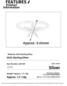 Detailed size specifications of the S925 sterling silver starfish open ring for women