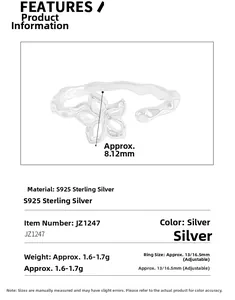 Detail view of S925 sterling silver hollow flower ring with wave pattern and size specs