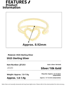 Detailed specs for a S925 sterling silver heart open ring with size measurements