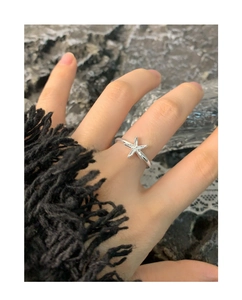 Close-up of a minimalist S925 sterling silver starfish ring on a finger for women
