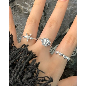 Three-piece S925 silver starfish and seashell ring set for women in ocean style
