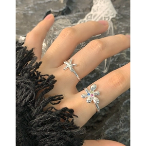 S925 sterling silver starfish ring set with colorful zircon floral accents for women