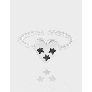 Bague en Argent Sterling 925 Cœur Avec Étoiles Noires Perles Ajustable Ouverte Style Coréen Bijoux pour Femme