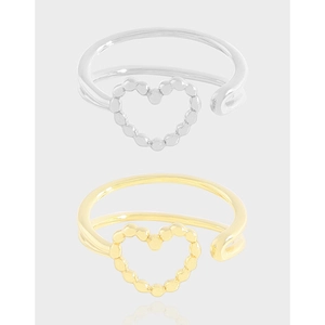 S925 Sterling Silver Heart Open Ring For Women Minimalist Geometric Double Line Hollow Beaded Adjustable Finger Ring Jewelry Gift