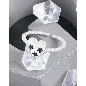 Bague cœur en argent sterling S925 avec étoiles graffiti et anneau ajustable perlé