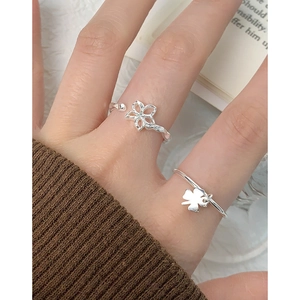 S925 sterling silver hollow flower open ring and minimalist clover pendant ring set