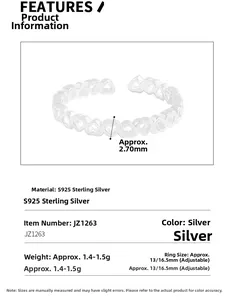 Spécifications de la bague coeur ajourée en argent S925 avec taille ajustable