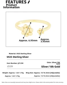 Macro detail of S925 sterling silver daisy ring with 18k gold plating dimensions