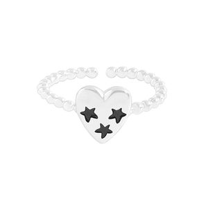 Bague cœur en argent S925 avec étoiles graffiti noires et anneau perlé ajustable