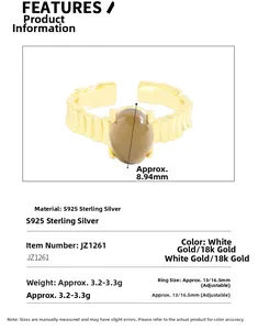 Detalles técnicos del anillo ajustable de plata S925 con cuarzo ahumado y medidas reales