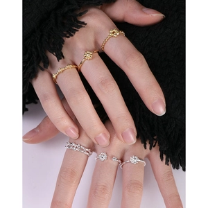 Minimalist S925 sterling silver floral rings with gold and silver beaded stacking design