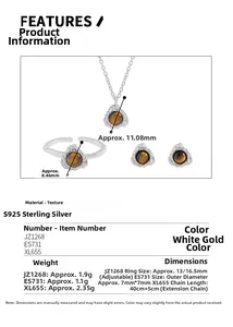 Detailansicht des S925 Sterling Silber Tigerauge Schmucksets mit Maßen und Parametern