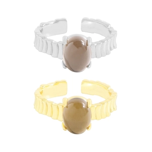 Anillos ajustables de plata S925 y oro con cuarzo ahumado y diseño de textura ondulada