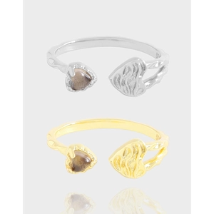 Anillo de Corazón de Plata de Ley 925 para Mujer Cuarzo Ahumado Natural Anillo Abierto Ajustable Textura Arrugada Joyería Minimalista