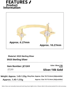 Detail showing S925 sterling silver star ring dimensions with 18k gold plating details