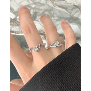 S925 sterling silver liquid metal texture heart agate ring set for women on hand