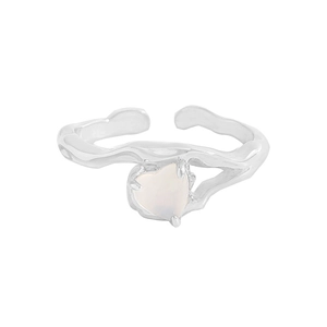 S925 silver open ring with liquid metal texture and white agate heart stone