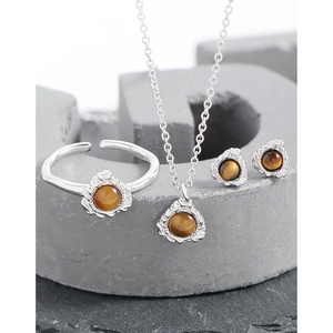 S925 Silber Schmuckset mit Tigerauge-Stein und unregelmäßigem Lava-Textur-Design