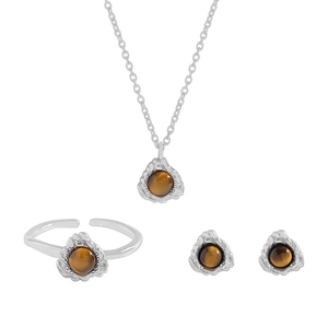 Dreiteiliges Tigerauge Schmuckset mit Halskette, Ring und Ohrringen in strukturiertem Silber