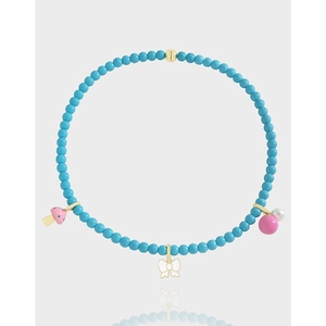 Collier Künstliche Perles Argent Sterling 925 Plaqué Or 18K Künstliche Perles Bleues Nœud Papillon Champignon Charms Style Y2K Pour Femmes