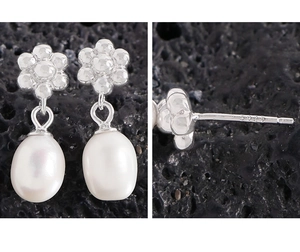 Détails du poinçon S925 et boucles d'oreilles fleur en perle d'argent sterling