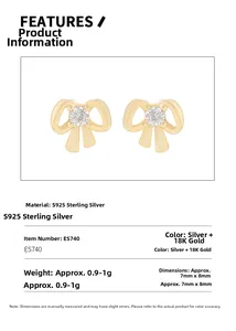 Detailed specs of S925 sterling silver bow earrings with zircon in silver and 18K gold