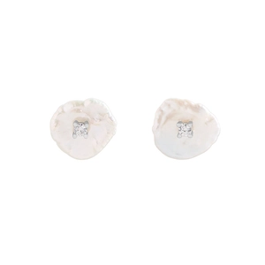 Baroque pearl stud earrings in S925 sterling silver with centered zircon inlay