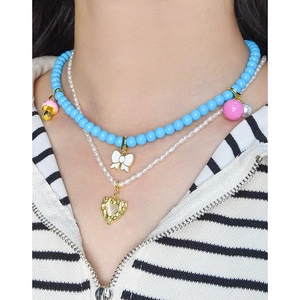 Collier double couche en argent S925 avec perles, billes bleues et pendentif nœud émaillé