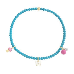 Collier de perles bleu ciel pour femme avec pendentifs champignon rose et nœud blanc