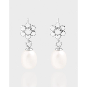 Boucles d'Oreilles Clous en Argent Sterling 925 Perle d'Eau Douce Naturelle Fleur Élégant Plaqué Or Blanc Bijoux Minimalistes Femme